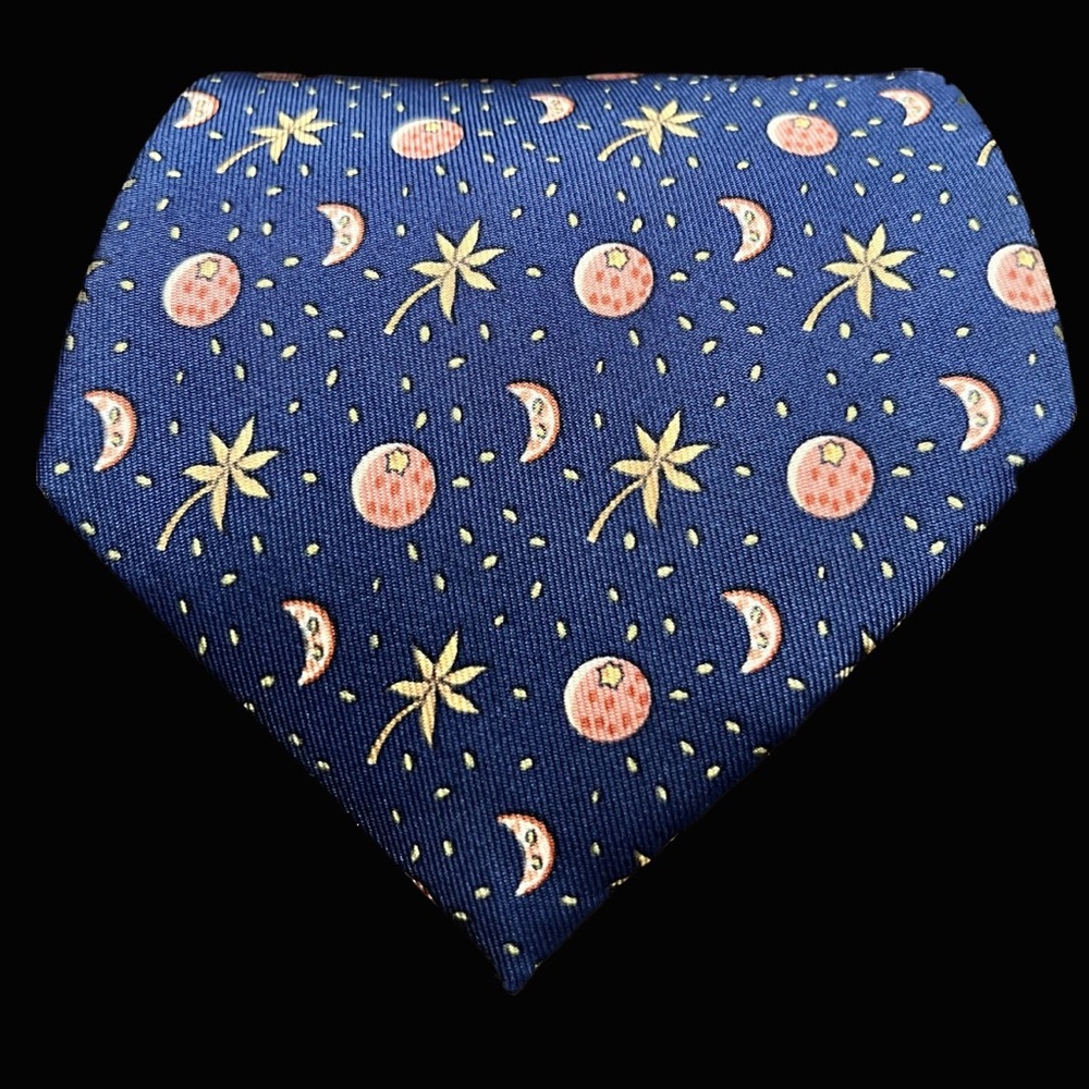 ***SOLD*** HERMES - EUC - Blue Silk Tie with Leaves and Moon Motif. - Picture 2 of 8